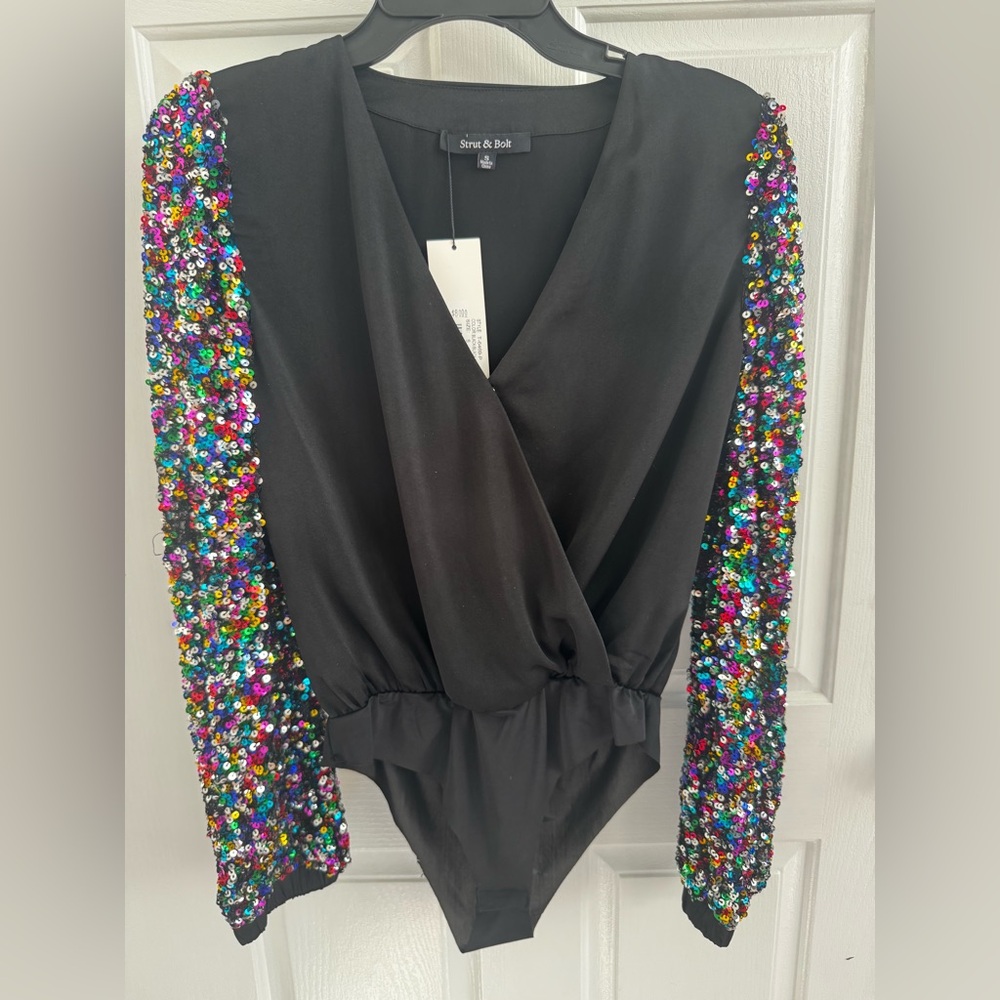 Shine & Bink Black Bodysuit with Multicolor Sequin Sleeves